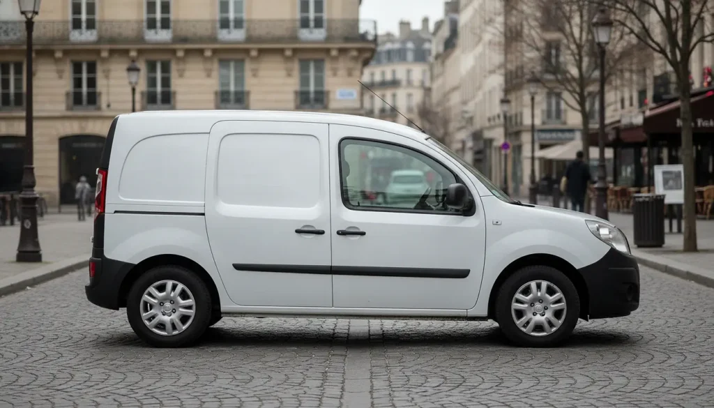 Renault Kangoo 2 fourgon blanc de profil garé dans une rue urbaine, photographie réaliste lumière naturelle