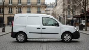 Renault Kangoo 2 fourgon blanc de profil garé dans une rue urbaine, photographie réaliste lumière naturelle