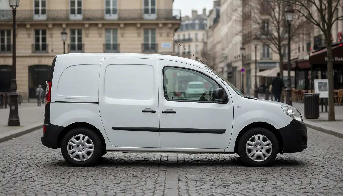 Renault Kangoo 2 fourgon blanc de profil garé dans une rue urbaine, photographie réaliste lumière naturelle