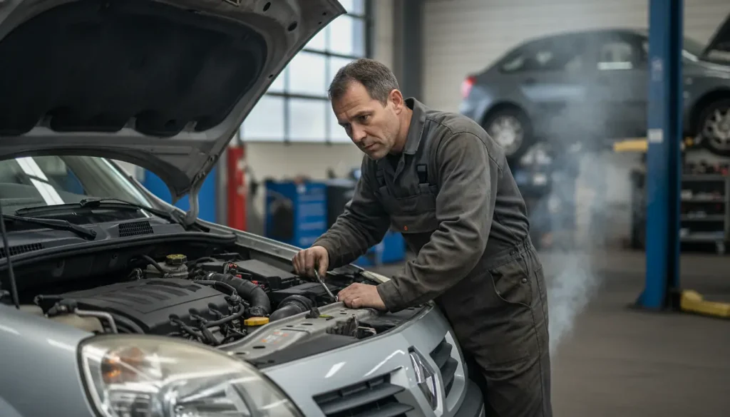 Compartiment moteur d'une Renault Kangoo avec mécanicien examinant le moteur diesel