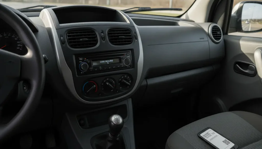 Tableau de bord Renault Kangoo avec autoradio et carte de code posée sur le siège passager