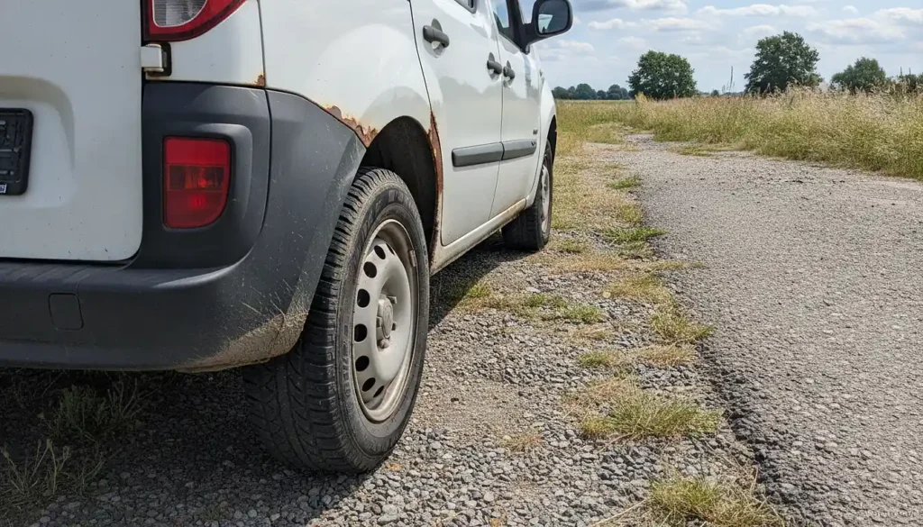 Bas de caisse et passage de roue arrière d'un Renault Kangoo utilitaire avec traces de rouille sur la tôle