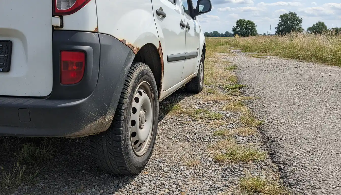Bas de caisse et passage de roue arrière d'un Renault Kangoo utilitaire avec traces de rouille sur la tôle