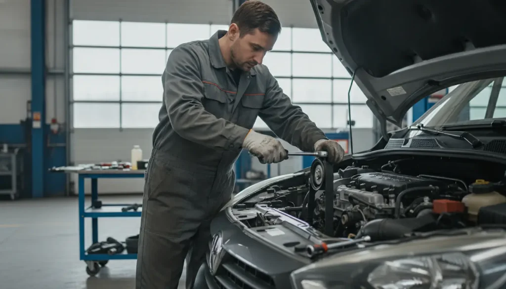 Mécanicien posant un kit de distribution neuf sur le moteur diesel d'un utilitaire compact en atelier