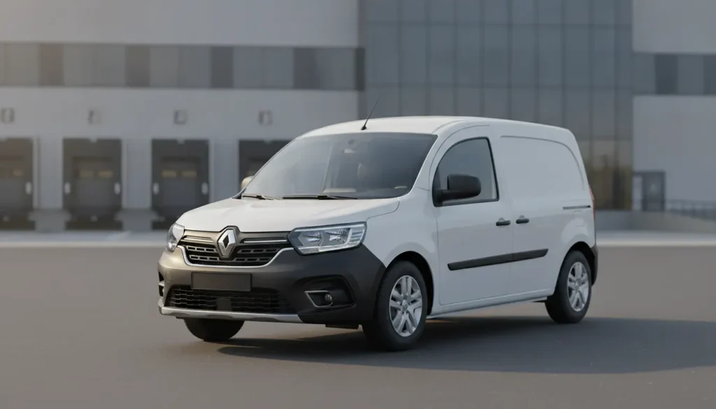 Renault Kangoo Van blanc stationné devant un entrepôt logistique, vue 3/4 avant, lumière naturelle matinale