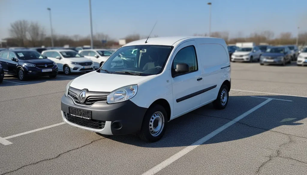 Renault Kangoo utilitaire blanc sur parking de concessionnaire, vue trois quarts avant, photographie réaliste lumière naturelle