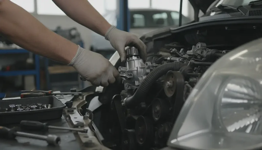 Mécanicien installant une nouvelle pompe à eau sur le moteur d'un Renault Kangoo en atelier